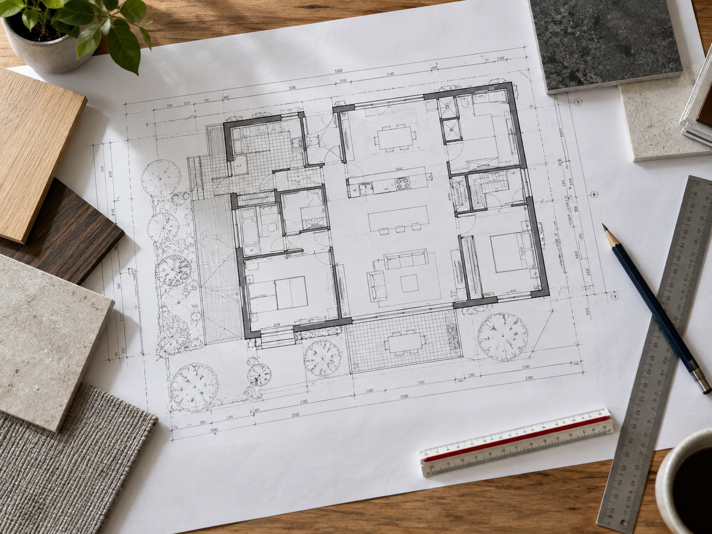 Architecturale plattegrond met materiaalstalen
