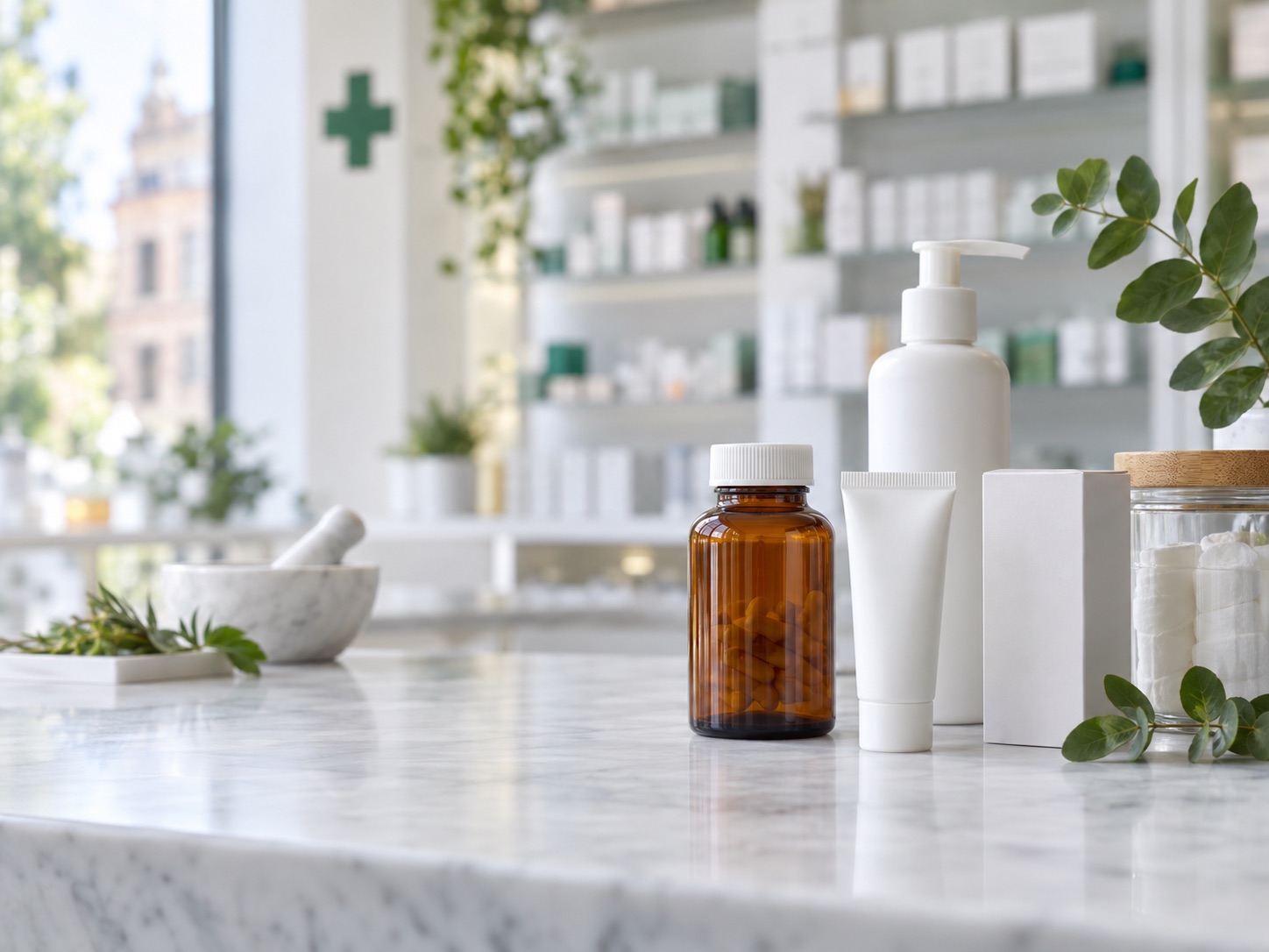 Verzorgingsproducten in een lichte apotheekomgeving